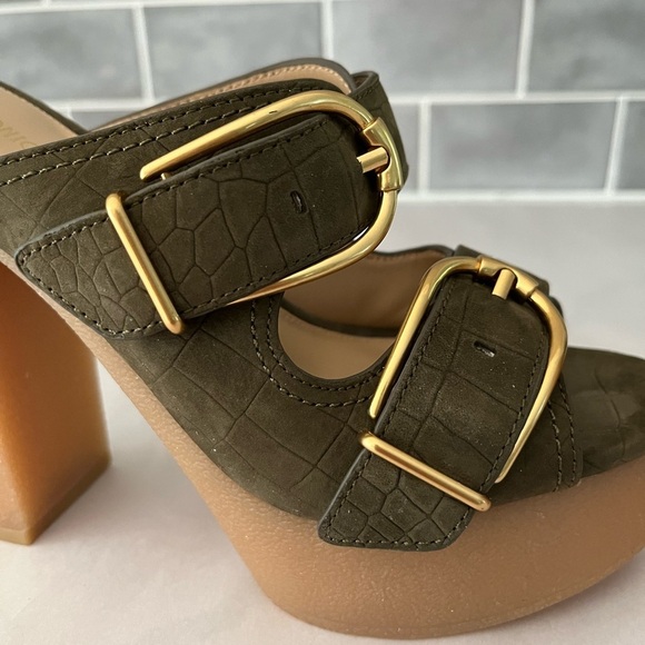 VERONICA BEARD GARRICK CROCO DUAL BUCKLE PLATFORM SANDALS IN KHAKI Size 6 New - Picture 11 of 13